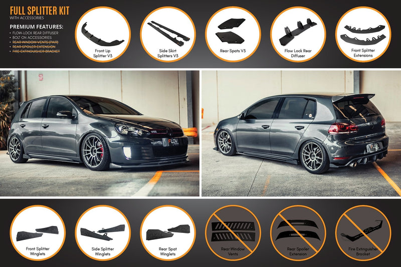 Flow Designs Full Lip Splitter Set With Bolt On Accessories | Golf GTI MK6